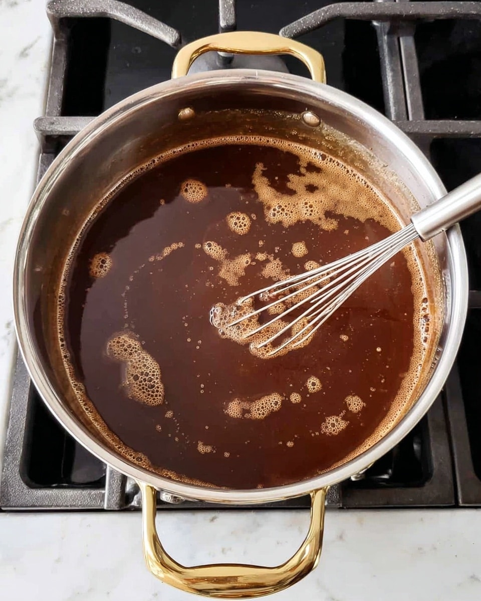 Inside a silver pot with two golden handles, there is a thick, dark brown liquid with a glossy surface. The liquid has small bubbles and light brown foam swirling near the edges. A silver whisk is partially dipped into the liquid on the right side of the pot, appearing to stir the mixture gently. The pot sits on a black stove top with gray grates, all set against a white marbled surface. photo taken with an iphone --ar 4:5 --v 7