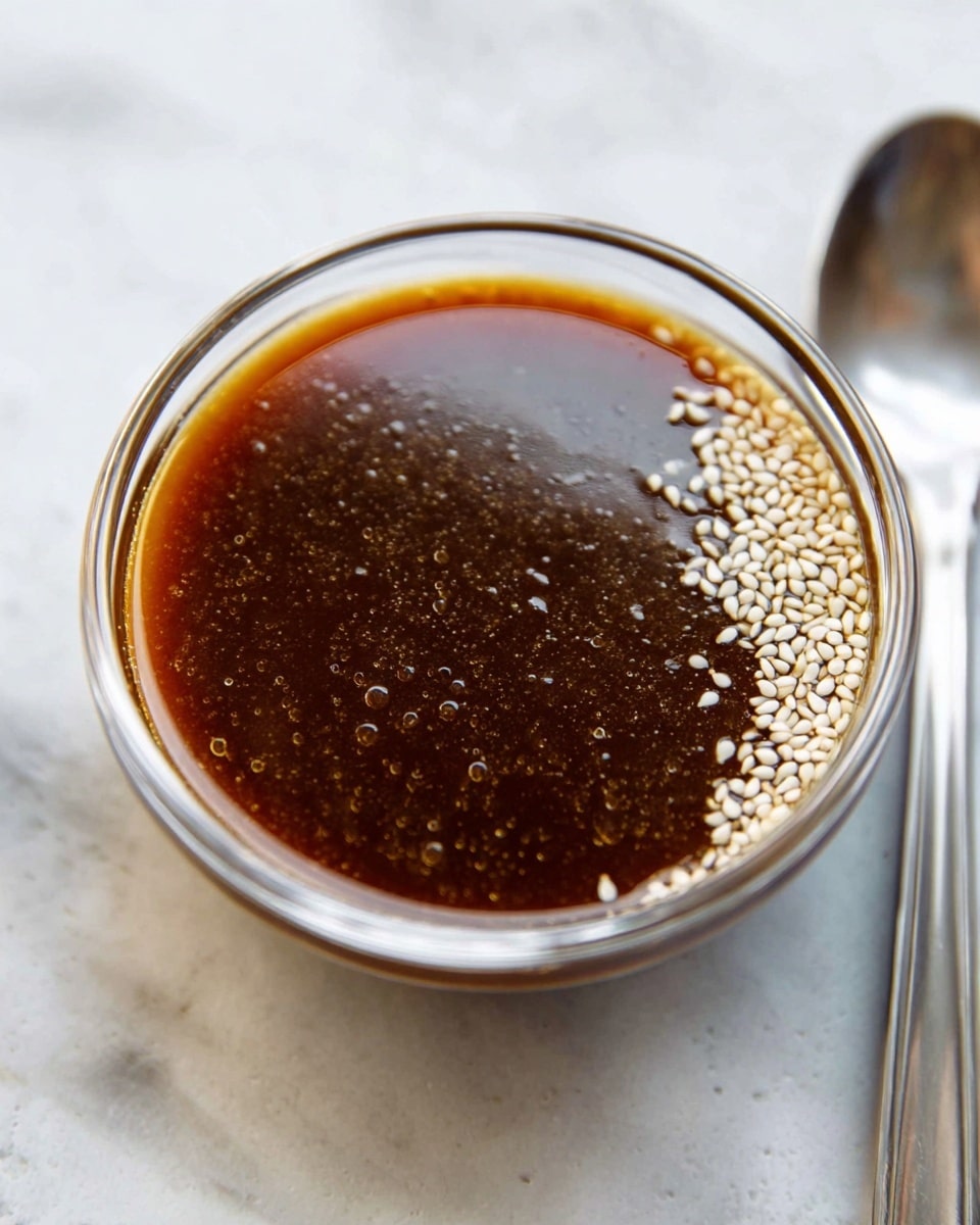 A clear glass bowl filled with a dark brown sauce that has a smooth, slightly shiny surface with small air bubbles. On one side, white sesame seeds are scattered lightly across the sauce. The bowl sits on a white marbled surface with a silver spoon placed to the right side, partially visible. Photo taken with an iphone --ar 4:5 --v 7