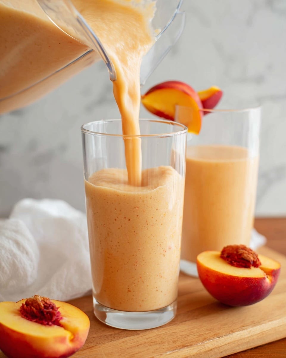 A tall clear glass is being filled with a thick, light peach-colored smoothie from a blender, showing small specks in the creamy texture. The glass has a slice of fresh peach with red and orange hues resting on its rim. Next to it is a second identical glass, also with a peach slice on the rim, partially filled with the smoothie. In the foreground, a halved peach with a visible pit adds bright yellow and red colors. All items are set on a wooden surface against a white marbled background, with a white cloth visible on the left side. Photo taken with an iphone --ar 4:5 --v 7