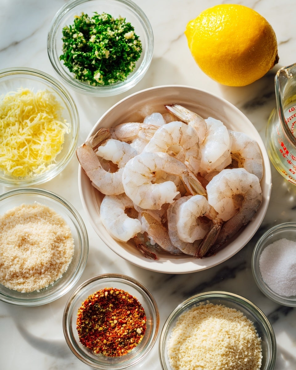 A white bowl in the center holds several large raw shrimp with a light pink and white shell. Surrounding the bowl are small clear glass bowls, each containing different ingredients: minced garlic with a pale yellow color, finely chopped green parsley, yellow lemon zest, off-white grated Parmesan cheese, pale golden olive oil, fine white salt, reddish chili flakes, light beige breadcrumbs, and a clear liquid in a glass measuring cup with red markings. A whole bright yellow lemon is also placed near the bowls. The scene is set on a white marbled surface with soft lighting. Photo taken with an iphone --ar 4:5 --v 7
