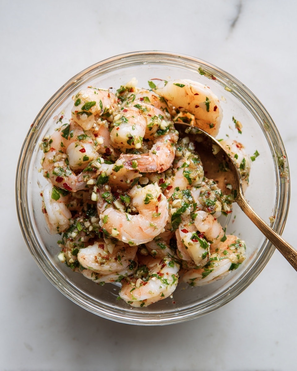 A clear glass bowl sits on a white marbled surface, filled with raw shrimp that are light pink and white in color. The shrimp are mixed with small bits of minced garlic, green herbs, and red chili flakes, giving the dish a speckled look of white, green, and red over the shrimp. A bronze spoon is placed inside the bowl, resting on top of the shrimp. The light makes the mixture look fresh and moist. photo taken with an iphone --ar 4:5 --v 7