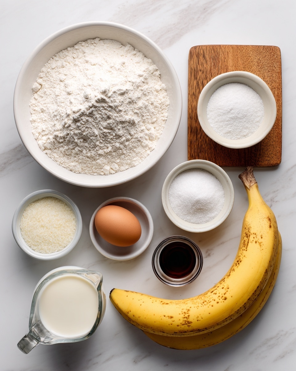 The image shows a top view of baking ingredients arranged on a white marbled surface. On the left side, there is a large white bowl filled with white flour. Next to it, a small white bowl holds coarse salt. A wooden cutting board to the right holds a ripe banana with brown spots near the top, a small clear bowl of white granulated sugar, a small clear bowl of white baking powder, and a small white bowl of white baking soda. Below the bowls, there is a brown egg and a small white bowl filled with dark vanilla extract. A small clear glass pitcher containing white milk is placed at the bottom left corner of the image. All items are neatly arranged and well lit, emphasizing their textures and colors clearly. Photo taken with an iphone --ar 4:5 --v 7