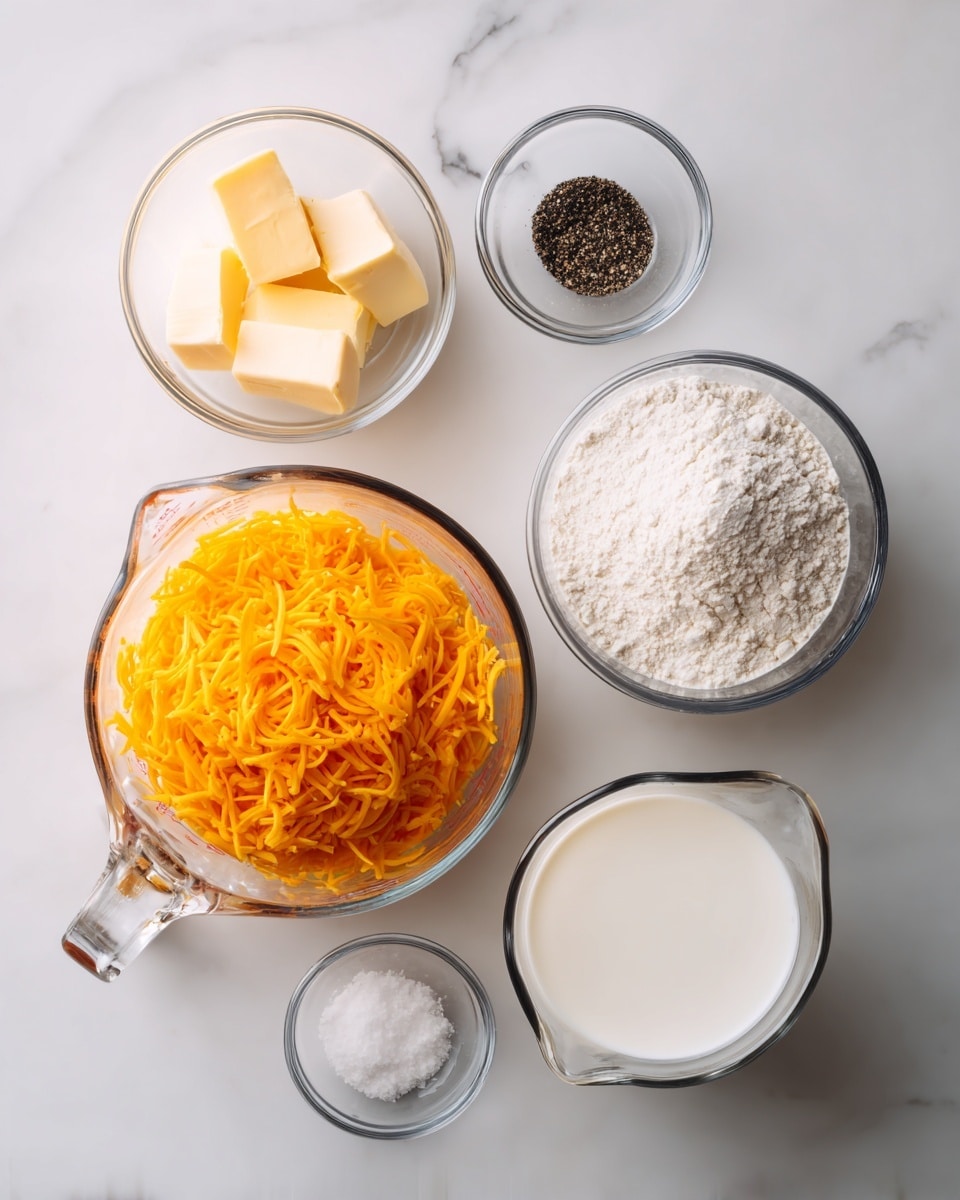 The image shows six clear glass containers with different ingredients on a white marbled surface. The largest container on the left is a measuring cup filled with bright orange shredded cheese. To its right are two small round bowls, one holding black pepper and the other salt. Above them is a medium round bowl with white flour. At the top left is a small bowl with three light yellow butter pieces. On the bottom right is a glass measuring cup filled with white milk. The containers are spaced evenly, showing a clean and organized setup. photo taken with an iphone --ar 4:5 --v 7