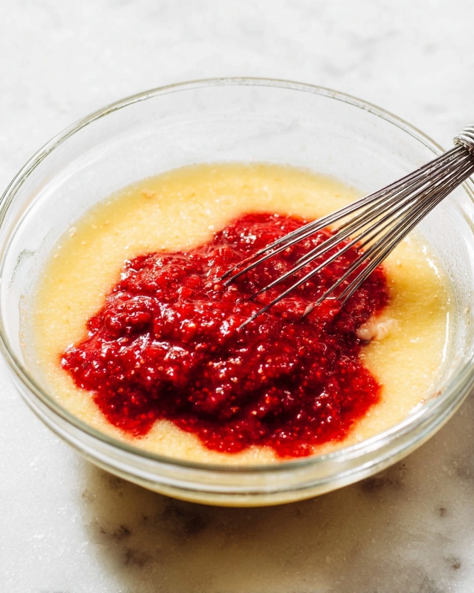 A clear glass bowl sits on a white marbled surface, filled with two main layers: a thick, light yellow mixture on the bottom with a smooth but slightly bubbly texture, and a vibrant red chunky layer on top that looks like crushed berries with small seeds, held by a metal whisk stirring them together. Light reflects on the bowl's rim creating a soft shine. Photo taken with an iphone --ar 4:5 --v 7