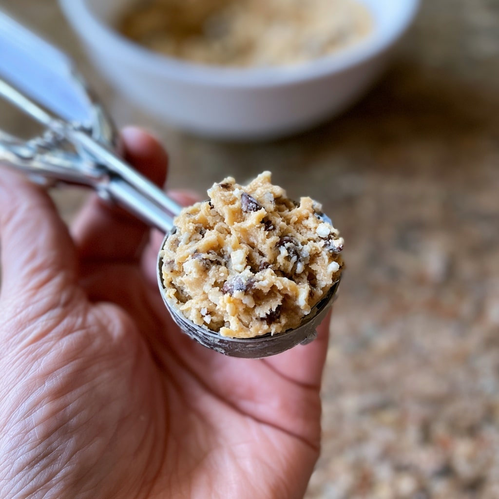A close-up image of a woman's hand holding a metal scoop filled with a scoop of uncooked cookie dough, showing a mix of light tan dough with small dark chocolate chips and tiny white bits. In the background, there is a white bowl partially filled with more of the same cookie dough resting on a speckled brown kitchen surface. The background is blurred, focusing on the dough in the scoop and the woman's hand. Photo taken with an iphone --ar 4:5 --v 7
