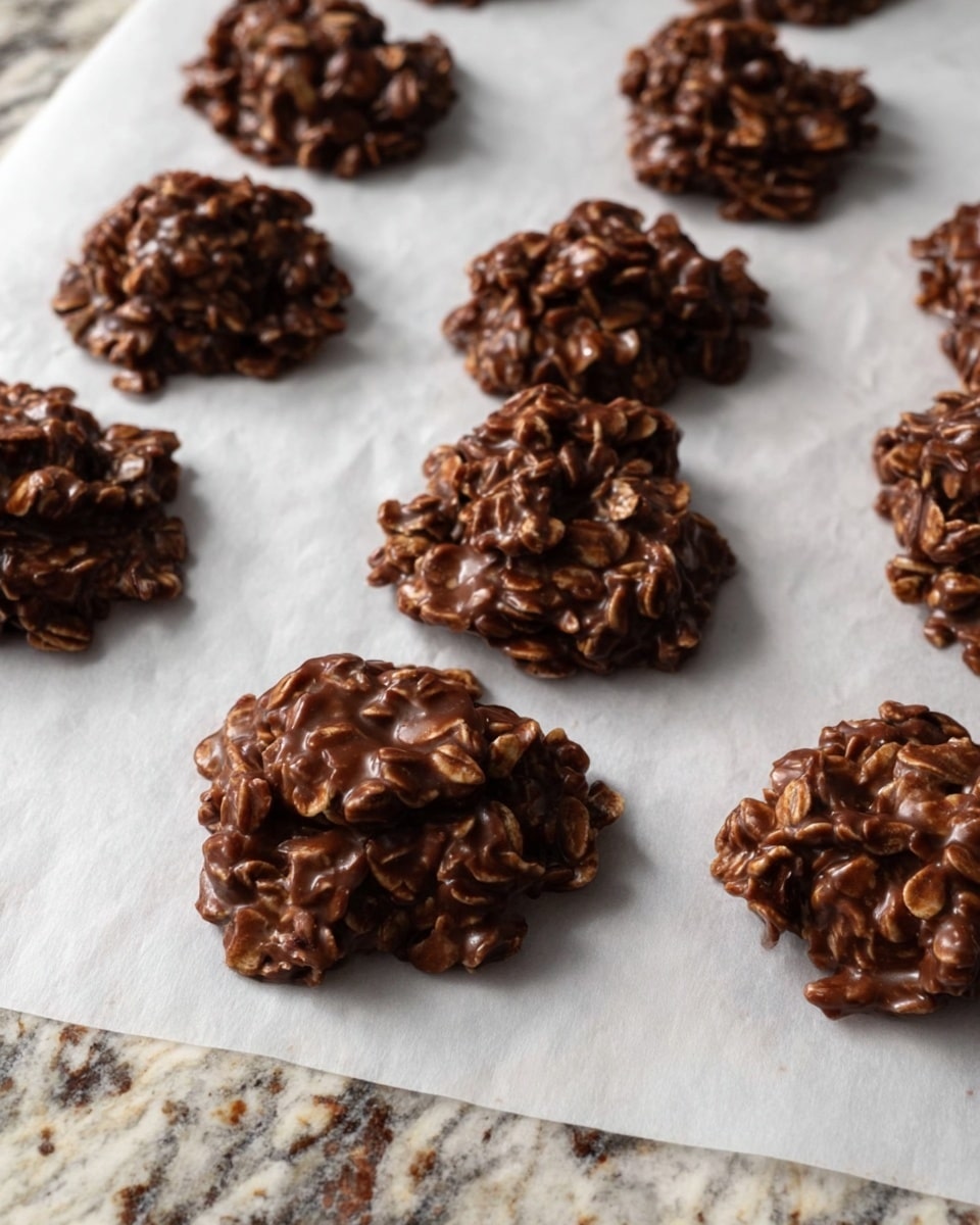 Several small, uneven clusters of chocolate oat no-bake cookies are placed on a sheet of white parchment paper. Each cookie shows visible layers of dark brown chocolate coating thick, textured light brown oats tightly packed together, forming chunky, lumpy shapes. The parchment paper is laid flat over a countertop with a white marbled texture that has faint brown and gray details. The cookies appear slightly glossy and moist, and they are arranged in loose, scattered rows. photo taken with an iphone --ar 4:5 --v 7