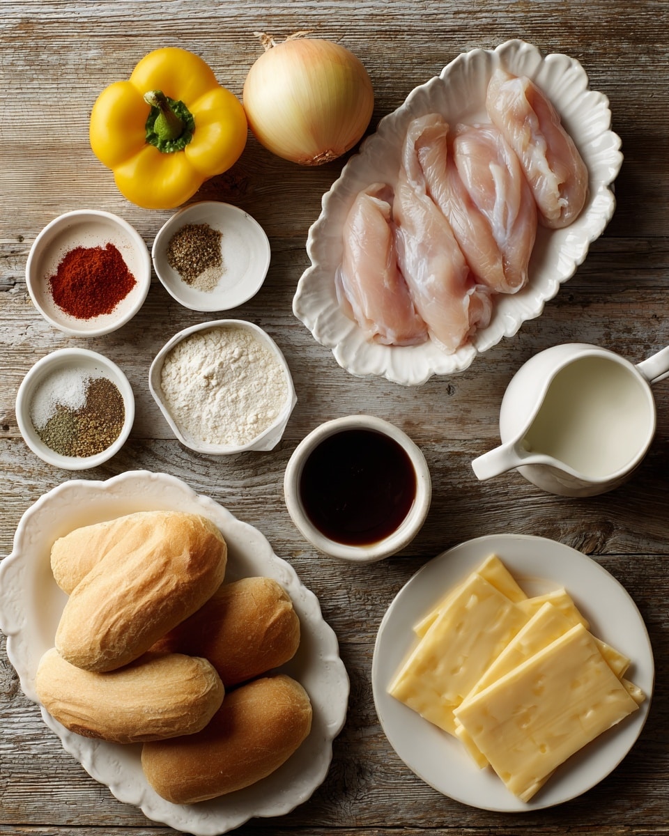 The image shows raw chicken tenderloins placed in a white scalloped bowl at the top right, beside several ingredients arranged neatly on a wooden surface. There is a whole yellow onion and a yellow bell pepper to the left, near small white bowls containing salt and pepper, smoked paprika, garlic powder, cornstarch, and oregano. A small white bowl at the center holds dark Worcestershire sauce. Below, a white plate contains several hoagie rolls stacked loosely. To the right, there's a small glass pitcher of milk and a small container of oil. A white plate nearby contains several slices of pale yellow cheese. The entire scene is on a wooden textured background, but for your request, imagine it on a white marbled surface. photo taken with an iphone --ar 4:5 --v 7