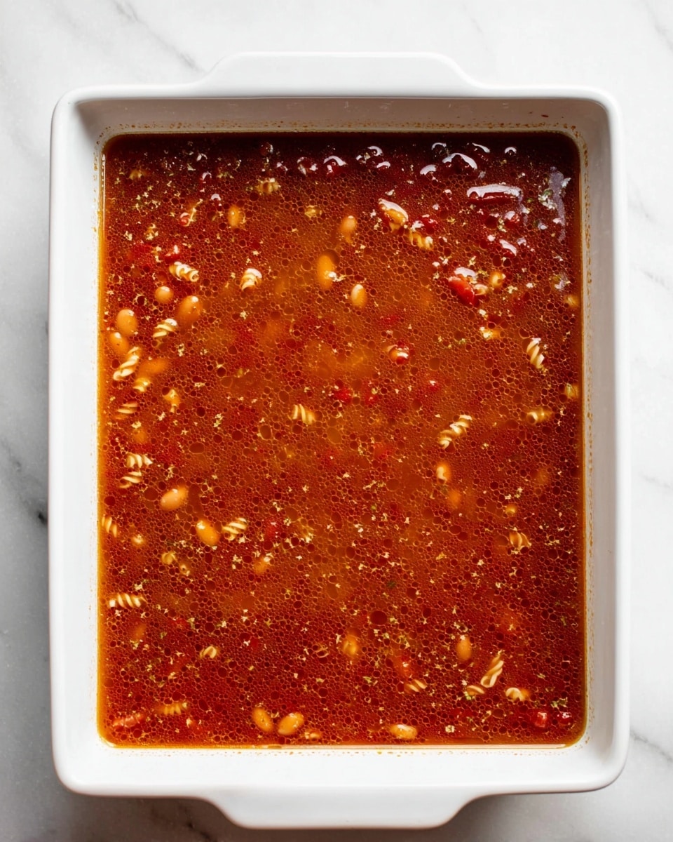 The image shows a white rectangular baking dish filled with a single layer of soup-like liquid. The liquid is reddish-brown in color with visible small white beans, pieces of sun-dried tomatoes, and spiral pasta scattered evenly throughout. The surface has a slightly oily texture with small spices and herbs spread throughout. The dish sits on a white marbled surface. photo taken with an iphone --ar 4:5 --v 7