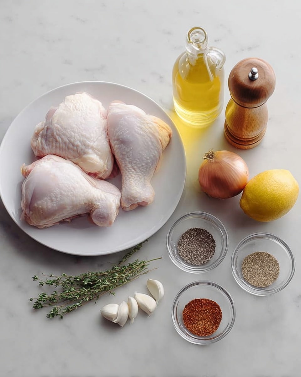 The image shows a white plate on a white marbled surface holding four pieces of raw chicken, including two white chicken pieces and two parts with skin. Next to the plate are three small green herb stems, three cloves of garlic, a small light brown shallot, and a whole lemon. There is a clear squeeze bottle filled with light yellow oil, a wooden pepper grinder, a wooden salt grinder, and two small clear glass bowls containing black pepper and red spice powder. The items are all lined up neatly in a row. photo taken with an iphone --ar 4:5 --v 7