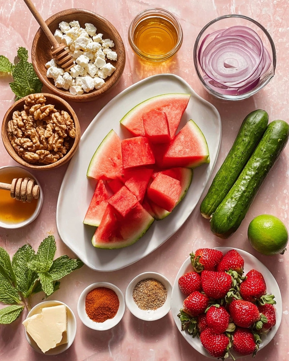 The image shows a white marble surface with several ingredients arranged neatly: a large white oval plate holds half of a bright red watermelon with seeds, and next to it are several watermelon cubes in the center and two small green cucumbers on the right. Around the plate are small wooden and white bowls filled with different items: walnuts with a wooden scoop, cubed white cheese, fresh green mint leaves, and two small bowls with powder spices in light brown and red colors. There are two halves of a bright green lime near the bottom right, and a small clear jar with honey and a dipper is placed near the mint bowl. A few slices of red onion and a pat of butter on a small white dish are also present. In the bottom half, a white plate holds fresh red strawberries. Everything sits on a soft pink background with a white marble texture, photo taken with an iphone --ar 4:5 --v 7