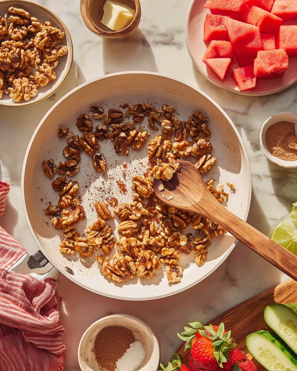 The image shows a white skillet filled with a single layer of toasted walnuts, mixed with some darker brown spices, and a wooden spoon resting inside the pan with more walnuts on it. Around the skillet, there are several small bowls and plates: one bowl has raw walnuts, a white plate contains red watermelon cubes, another small plate has a pat of butter, and a bowl holds brown sugar or spice. On the side, there are also fresh strawberries, a lime wedge, and a cucumber on a white marbled surface, with a red and white cloth nearby. The lighting is bright and natural, highlighting the texture of the walnuts and fresh ingredients. Photo taken with an iphone --ar 4:5 --v 7