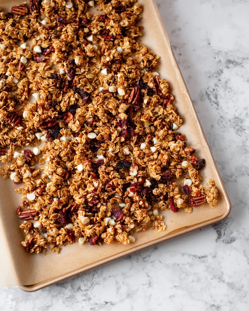 The image shows a single layer of toasted granola spread out on a baking tray lined with light brown parchment paper. The granola is made up of a mix of golden brown oats, dark brown pecan nuts, and small red-brown dried fruit pieces. There are small white chocolate chips scattered throughout, some slightly melted and mixed into the granola clusters. The baking tray sits on a white marbled textured surface. photo taken with an iphone --ar 4:5 --v 7