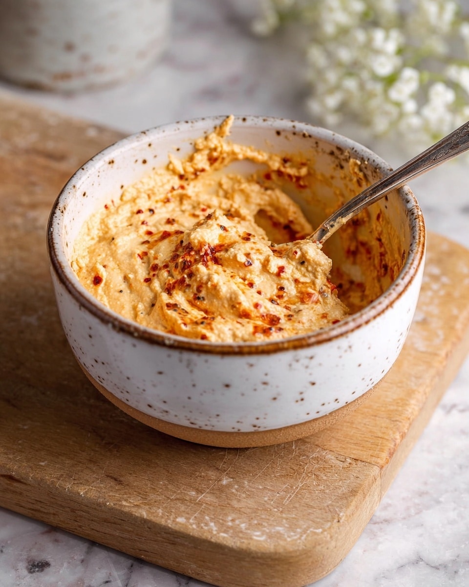 A rustic white bowl with a speckled brown rim holds a creamy, thick mixture that is light orange with darker red bits spread throughout. The mixture looks textured and slightly chunky, filling the bowl about halfway. A silver spoon is partially buried on the right side, its head coated with the orange mixture, leaning against the inner bowl wall. The bowl sits on a light wooden board, all placed on a white marbled surface. In the blurred background, there are soft white flowers adding a gentle touch to the scene. Photo taken with an iphone --ar 4:5 --v 7