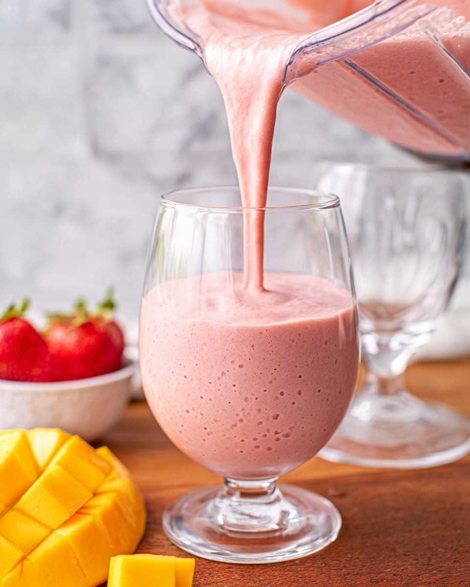 A close-up image shows a thick, light pink smoothie being poured from a blender into a clear rounded glass with a short stem. The smoothie has a smooth and creamy texture with tiny bubbles. The glass is placed on a wooden surface with white marbled texture visible around. In the background, a second empty clear glass is slightly out of focus, along with a small white bowl holding a large red strawberry, and cubes of bright orange mango are positioned at the bottom left of the image. Photo taken with an iphone --ar 4:5 --v 7