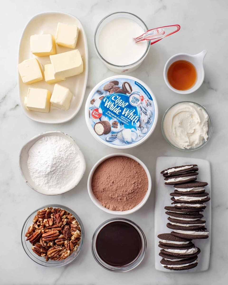 A collection of baking ingredients arranged neatly on a white marbled surface includes a white round container of Cool Whip original topping showing blue and white text and images on its lid, surrounded by small white bowls and clear glass containers. There are cubes of light yellow butter, white cream cheese blocks, a bowl of fine white powdered sugar, a measuring cup of milk with a little red on the rim, a small glass bowl of brown vanilla extract, and a bowl of chopped pecans showing their rich brown texture. Nearby are a small light brown bowl with milk chocolate, a smaller white bowl with cocoa powder mix, a clear glass bowl full of chocolate sandwich cookies with cream filling stacked in layers, and a small glass container holding dark chocolate sauce. photo taken with an iphone --ar 4:5 --v 7