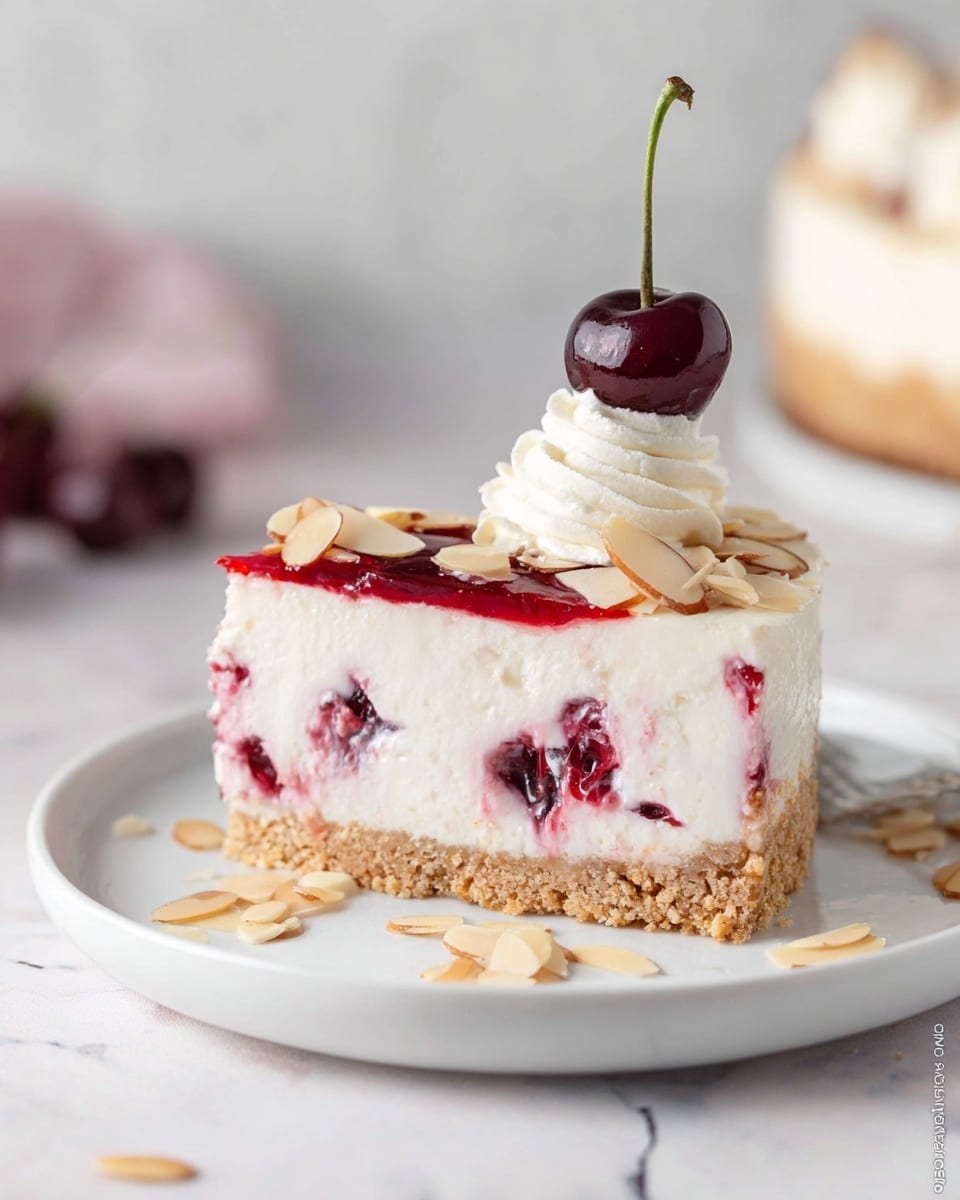 A slice of cherry cheesecake is lifted by a metal spatula, showing three layers: a thick, crumbly light brown crust at the bottom, a creamy white and pink mixed middle layer with cherry pieces, and a thin white top layer with a bit of cherry sauce. On top, there is a swirl of white whipped cream, decorated with a single dark red cherry with a stem and some almond slices. In the background, the rest of the cheesecake with more whipped cream and cherries on top sits on a white plate with a beaded edge, placed on a white marbled surface. Some cherries and almond slices are scattered around, photo taken with an iphone --ar 4:5 --v 7