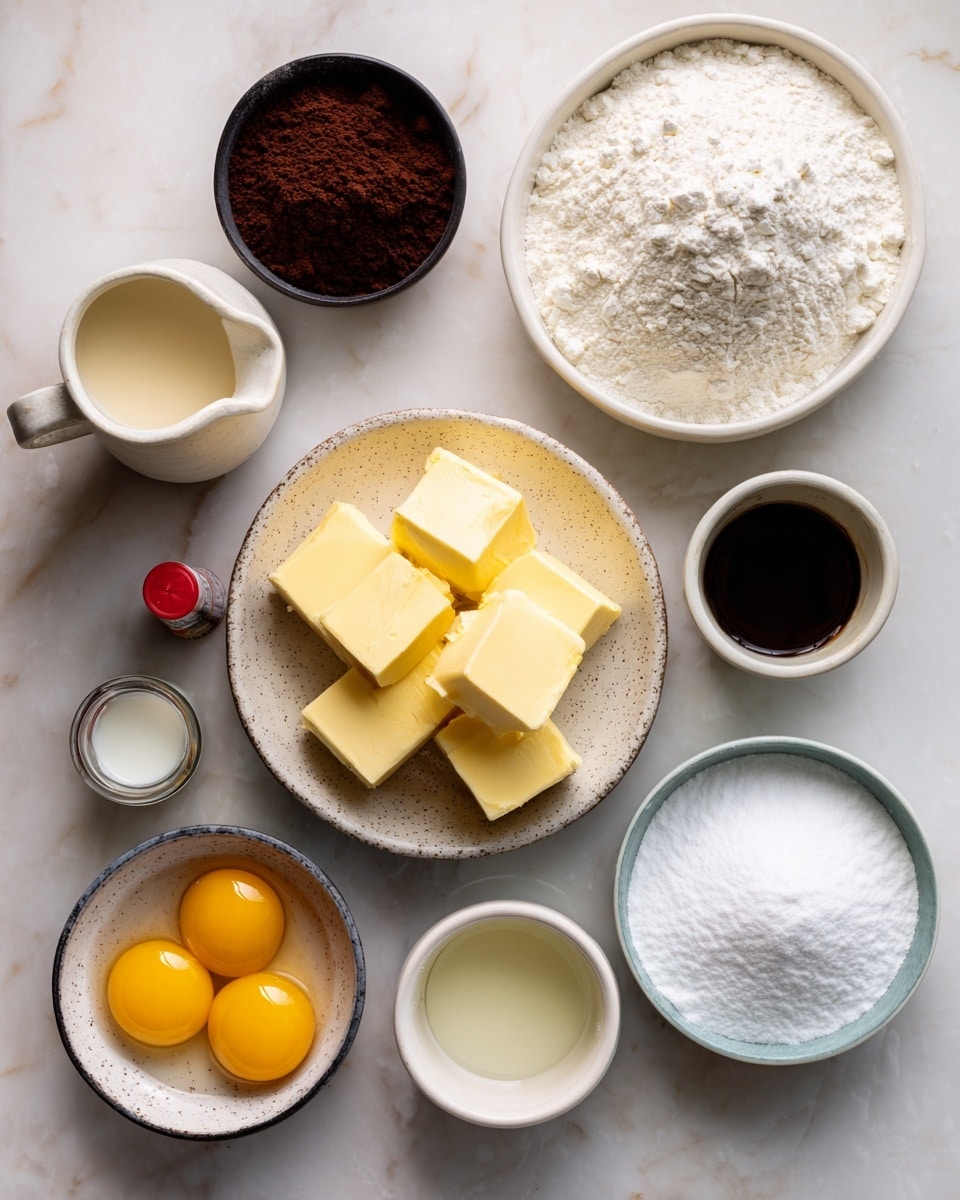 A flat lay of baking ingredients on a white marbled surface shows a speckled white bowl in the center containing three cubes of yellow butter on top of white sugar. Above it, a small white cup holds dark brown cocoa powder. To the left, a white pitcher with cream-colored buttermilk stands near a black bowl filled with white flour. On the right side, a small white bowl with dark vanilla extract sits above another small white bowl with a light liquid labeled white vinegar. A tiny bottle of red food coloring is placed nearby. Below these, a small bowl contains bright yellow eggs with visible yolks, and next to it is a small dark-rimmed bowl of white baking soda. Photo taken with an iphone --ar 4:5 --v 7