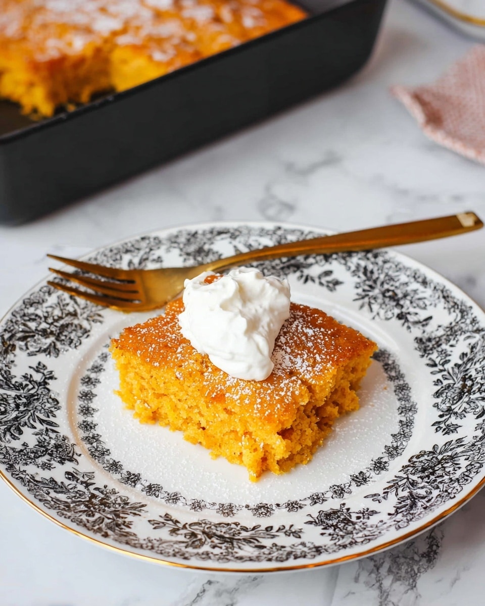 The image shows a single square piece of orange-colored baked dessert on a white plate with black intricate floral designs and a thin gold rim. The dessert has a soft, slightly crumbly texture with a light dusting of powdered sugar on top. A dollop of white whipped topping sits in the center of the dessert, creating contrast with the orange base. A gold fork rests on the plate to the upper left of the dessert. In the background, there is a black baking pan with more of the same dessert inside, placed on a white marbled surface. Photo taken with an iphone --ar 4:5 --v 7