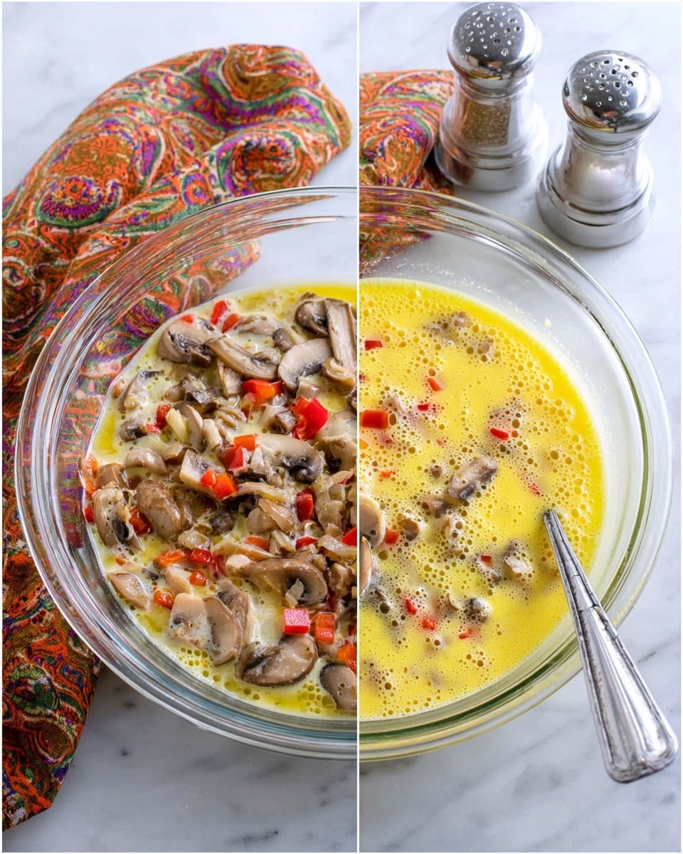 A clear glass bowl sits on a white marbled surface, filled with a mixture of chopped ingredients and liquid. The bottom layer shows small pieces of light brown and beige mushrooms along with red bell pepper slices scattered throughout. Above this is a yellow layer of beaten egg with small bubbles visible on the surface, blending into the mushrooms and vegetables. A silver spoon rests inside the bowl. In the background, there is a folded cloth with a colorful paisley design in red, orange, and green, positioned next to two silver salt and pepper shakers. photo taken with an iphone --ar 4:5 --v 7