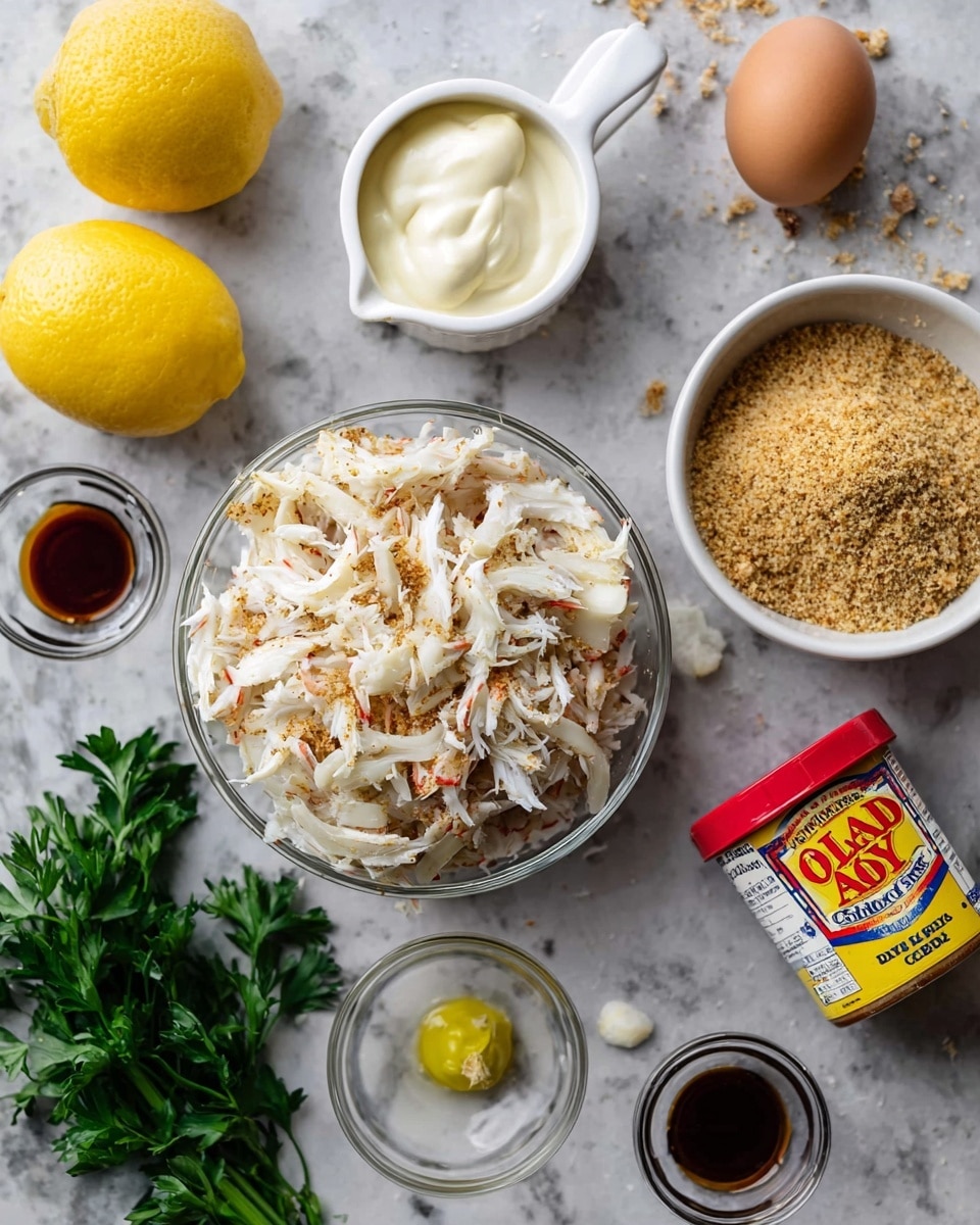 The image shows a top view of several ingredients arranged on a white marbled surface. At the center is a clear round bowl filled with shredded white crab meat with some light brown edges. Above it, a white measuring cup holds thick white mayonnaise. To the right, there is a white bowl filled with light brown breadcrumbs. Near the bottom right corner, a yellow and red Old Bay seasoning container is partially visible. On the left side, a whole yellow lemon and a white egg are placed, with scattered parsley leaves around. Small clear glass bowls hold a dark brown liquid (soy sauce) and a small dollop of pale yellow mustard. Photo taken with an iphone --ar 4:5 --v 7