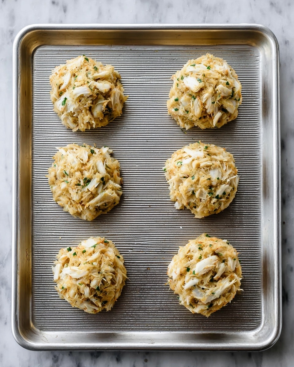 Six round, thick crab cakes are neatly placed in two rows of three on a metal baking sheet with ridges. The crab cakes have a rough texture with visible white crab meat pieces mixed throughout a light golden batter with small green herb specks. The baking sheet sits on a white marbled surface. photo taken with an iphone --ar 4:5 --v 7