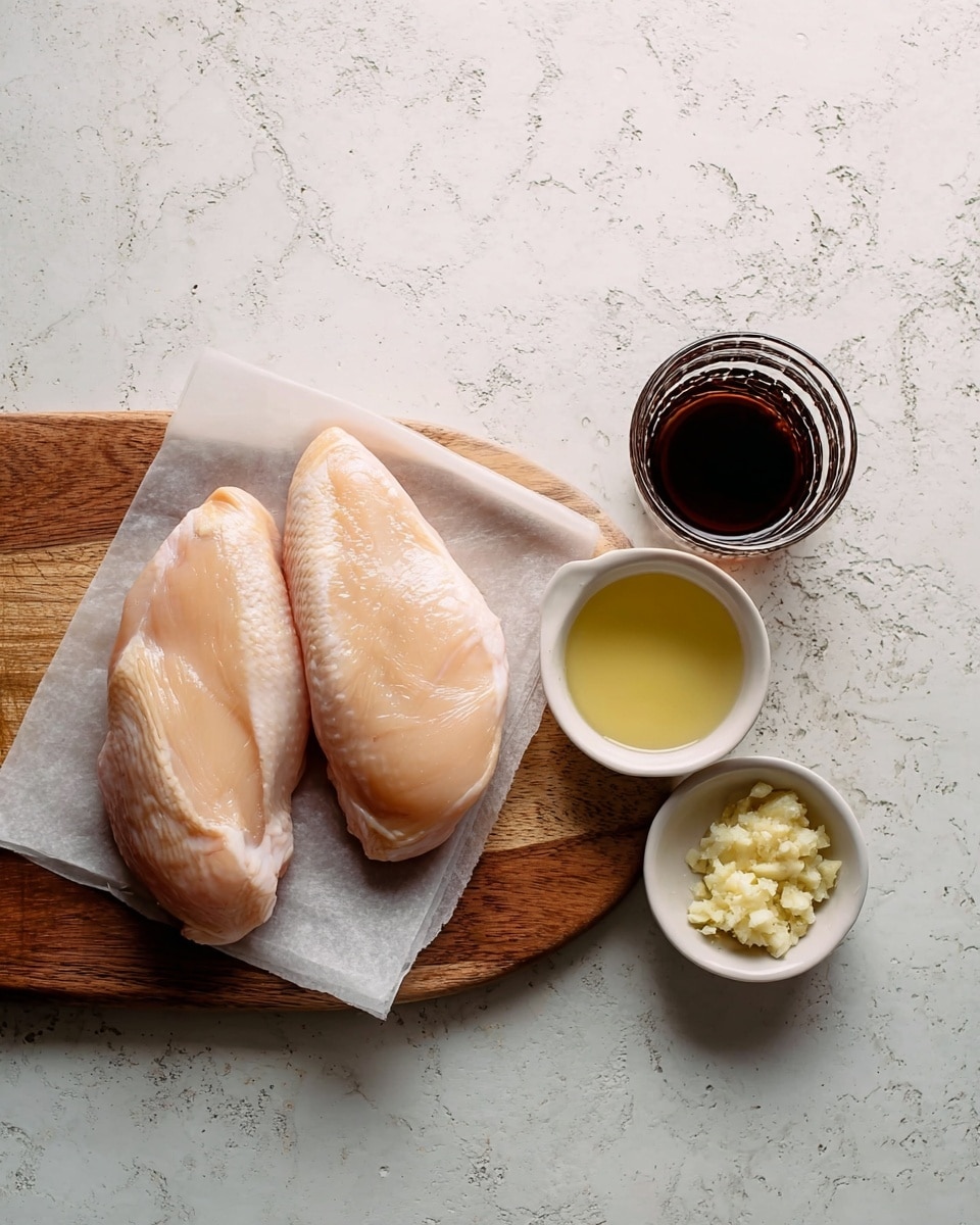Two raw chicken pieces lie flat on a white parchment paper on top of a wooden board in the center of the image. To the right of the chicken, there are three small white bowls on the board: one with a light yellow liquid, one with a pale green liquid, and one with minced garlic. In the top right corner of the wooden board, there is a glass filled with a dark liquid. The background has a white marbled texture. photo taken with an iphone --ar 4:5 --v 7