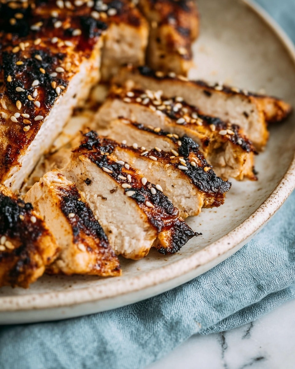 The image shows two white plates with grilled chicken on a white marbled surface. The top plate holds a whole grilled chicken piece with a golden-brown, slightly charred texture. The bottom plate displays the same chicken, now sliced into five pieces with a juicy, lightly browned inside, sprinkled with white sesame seeds. A knife with a wooden handle rests on the bottom plate, placed on a light green cloth. To the right of the plates are two small white bowls, one filled with dark, glossy sauce and the other with white sesame seeds. The overall setting is simple and clean. photo taken with an iphone --ar 4:5 --v 7