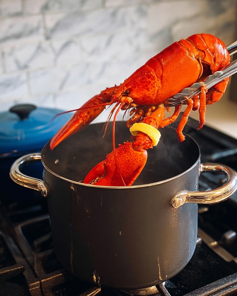 A bright red cooked lobster with a yellow band on one claw is being lifted with metal tongs above a large black cooking pot on a stove. The lobster is held just above the pot's open top, with visible steam rising. The pot has two metal handles and shows light scratches on its surface. The stove is black with a blue pot visible in the background, and the surrounding area features a white marbled texture. photo taken with an iphone --ar 4:5 --v 7