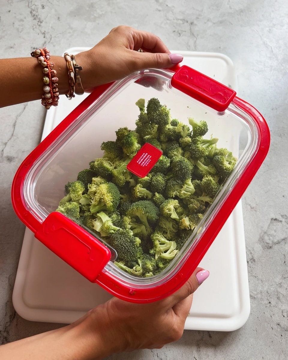 A clear plastic container with a red rim and four red locks on each side, filled with small green broccoli florets. The container sits on a white cutting board, which is placed on a white marbled surface. Two woman's hands with light pink nail polish and beaded bracelets hold the container, one on the top right corner and the other on the bottom side. The broccoli inside is fresh and densely packed under the slightly foggy lid. photo taken with an iphone --ar 4:5 --v 7