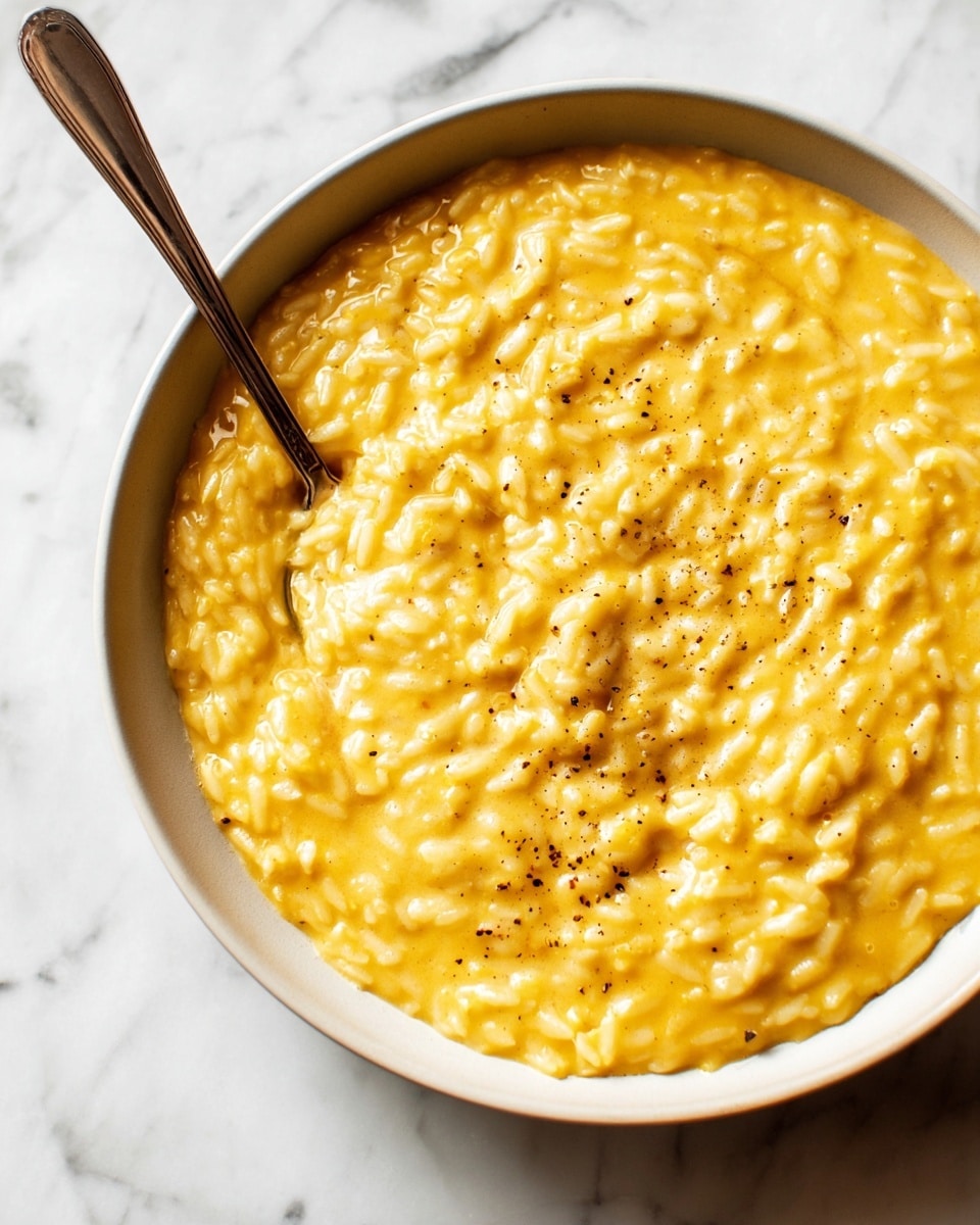 A close-up view of a creamy yellow rice dish served in a white bowl on a white marbled surface. The dish has one layer, with soft and smooth cooked rice mixed evenly in a thick yellow sauce. Small black pepper specks are scattered over the top, adding texture and slight color contrast. A silver spoon with a long handle is resting inside the bowl on the left side, partly submerged in the rice. The overall look is warm, inviting, and rich in texture. photo taken with an iphone --ar 4:5 --v 7
