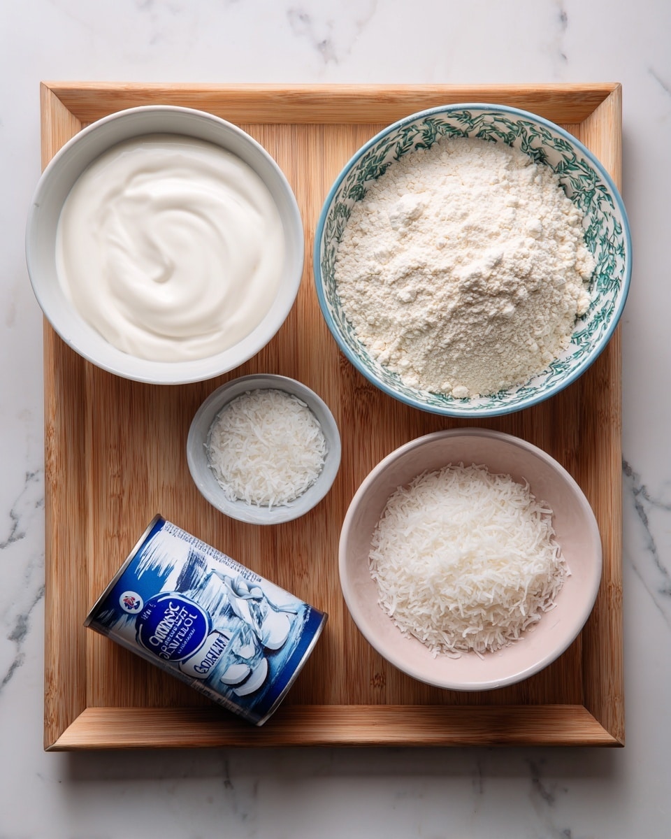 The image shows four ingredients arranged neatly on a light brown wooden tray. In the top left corner, there is a white bowl filled with smooth, white coconut cream. To its right, a white bowl with a blue and green patterned rim holds a mound of pale self-rising flour with a slightly crumbly texture. Below the coconut cream, there is a small can of condensed coconut milk lying on its side, featuring a blue label with white text and coconut images. Finally, near the bottom center, a white bowl with a soft pink inside contains finely shredded coconut, which is fluffy and white. The scene is set on a white marbled surface. photo taken with an iphone --ar 4:5 --v 7