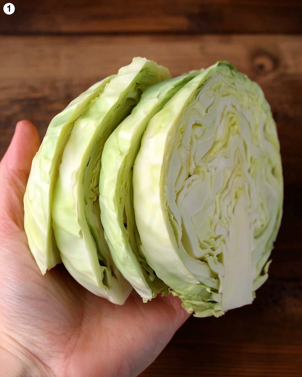 A woman's hand holds a sliced green cabbage with seven thick layers visible. Each layer shows the pale green and white textures of the cabbage leaves, with slight variations in green shades and natural curves. The cabbage is held cupped gently against a wooden surface. photo taken with an iphone --ar 4:5 --v 7