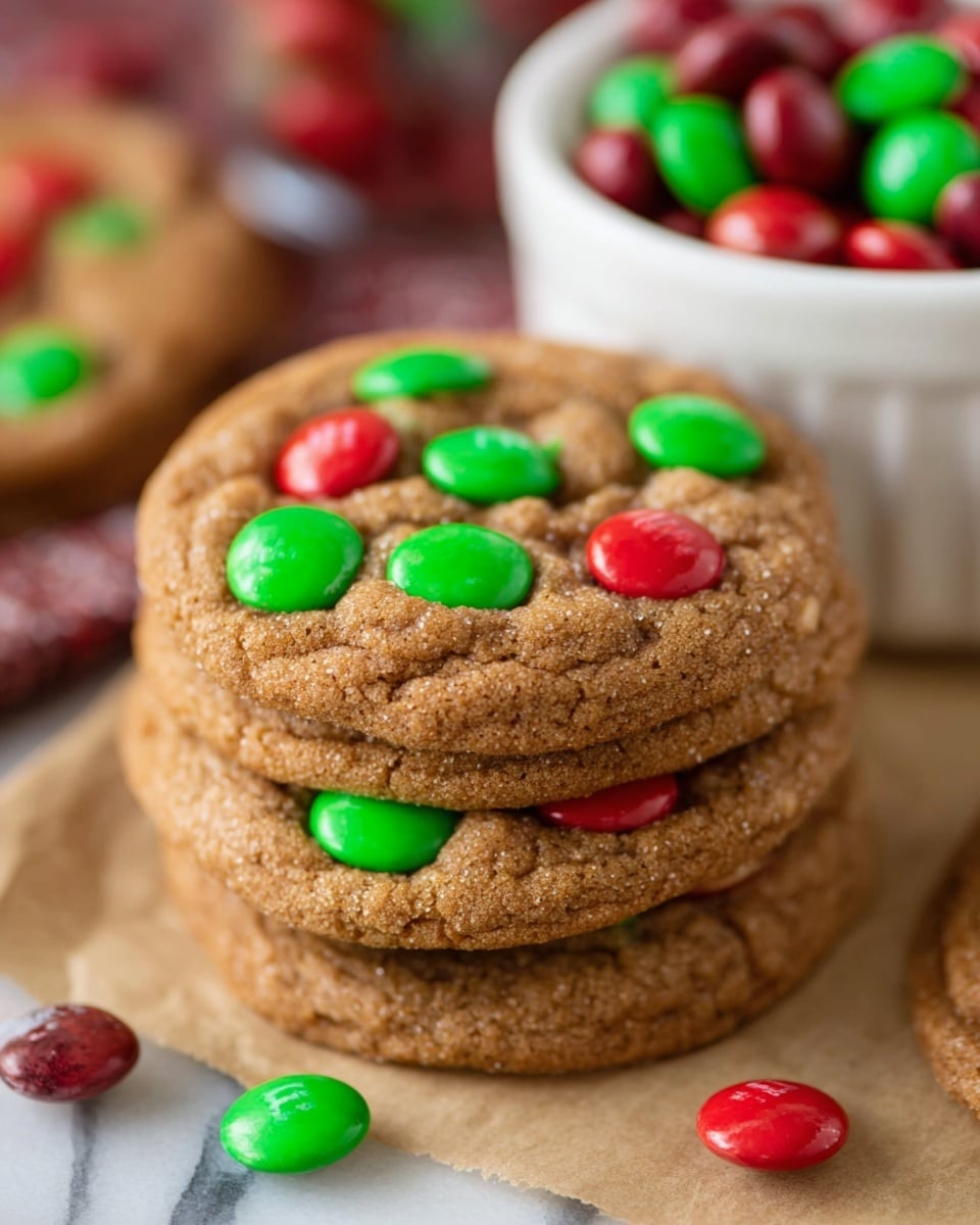 A stack of four soft brown cookies sits close up on a light brown paper, each cookie decorated with shiny red and green candy pieces pressed on top, adding spots of bright color; behind the cookies, there is a white bowl filled with more red and green candies, all resting on a white marbled surface. Photo taken with an iphone --ar 4:5 --v 7