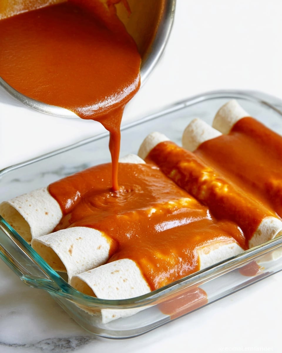 A close-up view of a clear glass rectangular baking dish lined with six rolled white tortillas placed side by side in two rows of three. A smooth, thick reddish-orange sauce with a shiny texture is being poured from a stainless steel saucepan held above the tortillas. The sauce flows over the tortillas, partially covering the edges of each one. The scene is set on a white marbled surface with a clean, bright background. Photo taken with an iphone --ar 4:5 --v 7