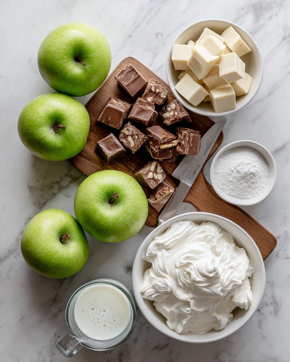 The image shows four green apples with shiny, smooth skin placed on a white marbled surface to the left. In the center, there is a small wooden board with a woman’s hand knife, used to chop a variety of chocolate-topped candy pieces made of nut and nougat, some in smaller cubes and some larger. To the right of the board, a white bowl is filled with fluffy white whipped cream showing soft, wavy texture with a scoop taken out. Above the whipped cream bowl, a small white bowl contains fine white powder. Below the whipped cream, there is a clear measuring cup holding white milk with tiny bubbles on the surface. photo taken with an iphone --ar 4:5 --v 7