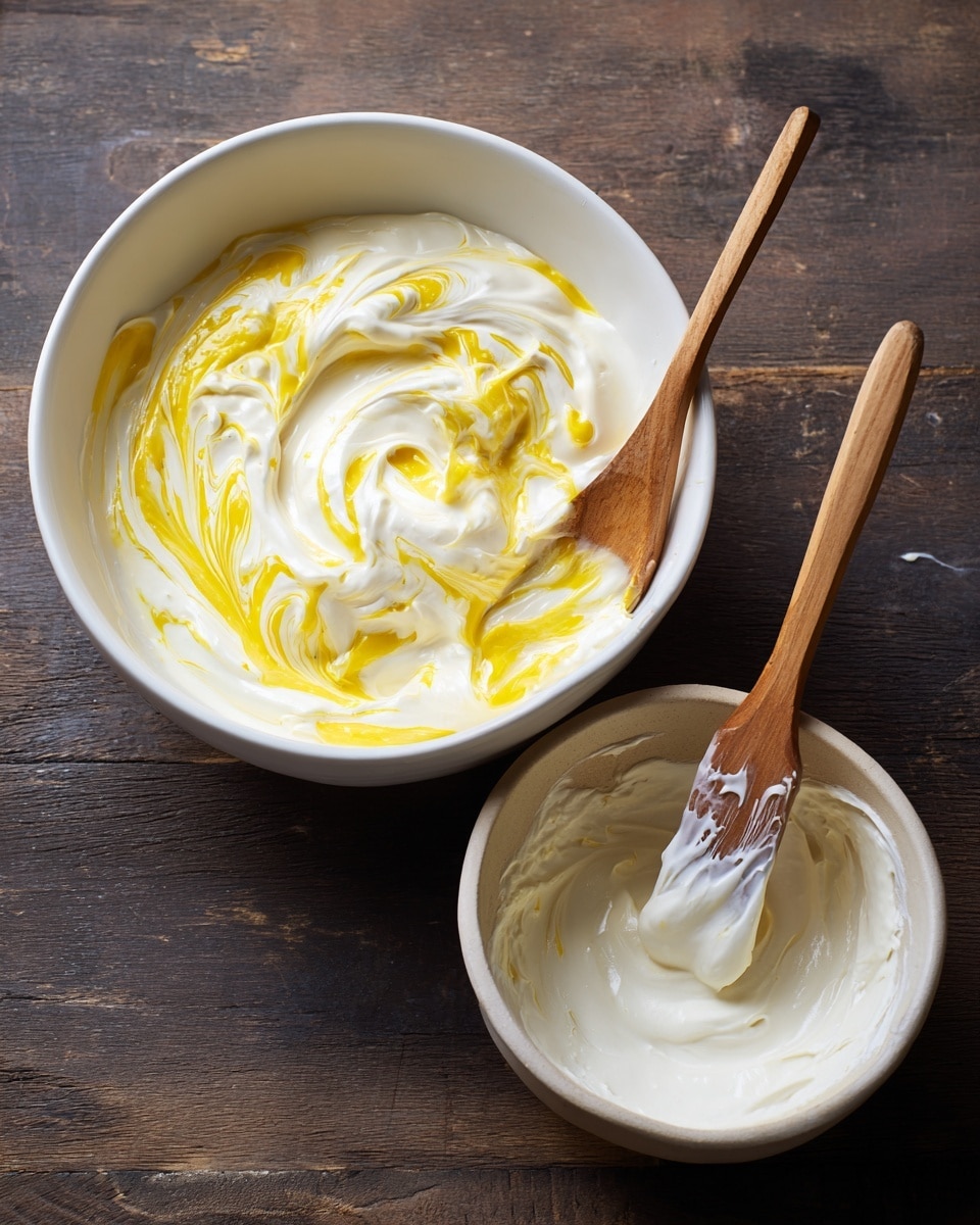 A white bowl filled with a smooth, fluffy white cream layered with bright yellow swirls on top, creating a soft marbled effect. A wooden spoon rests inside the bowl, partially covered by the cream. Next to it, a smaller white bowl has traces of the same cream and a wooden spatula with some cream on it. Both bowls are set on a dark wooden surface. photo taken with an iphone --ar 4:5 --v 7