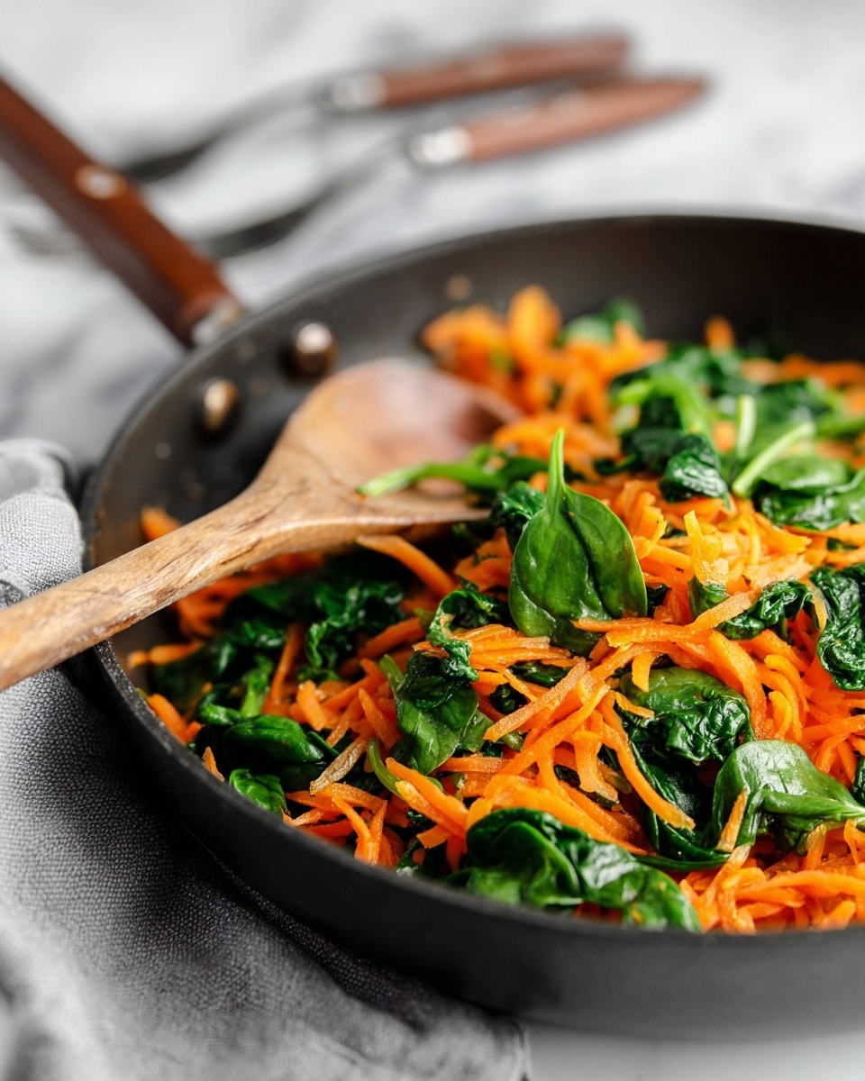 A black pan filled with vibrant orange grated carrots and fresh bright green spinach leaves mixed together, showing a fresh and colorful sauté. A wooden spoon is gently stirring the greens and carrots, with some spinach leaves resting on top of the grated carrots. The pan is set against a white marbled surface with a soft grey cloth and three forks with brown wooden handles blurred in the background. The scene is bright and clean, highlighting the fresh vegetables and natural cooking process. photo taken with an iphone --ar 4:5 --v 7