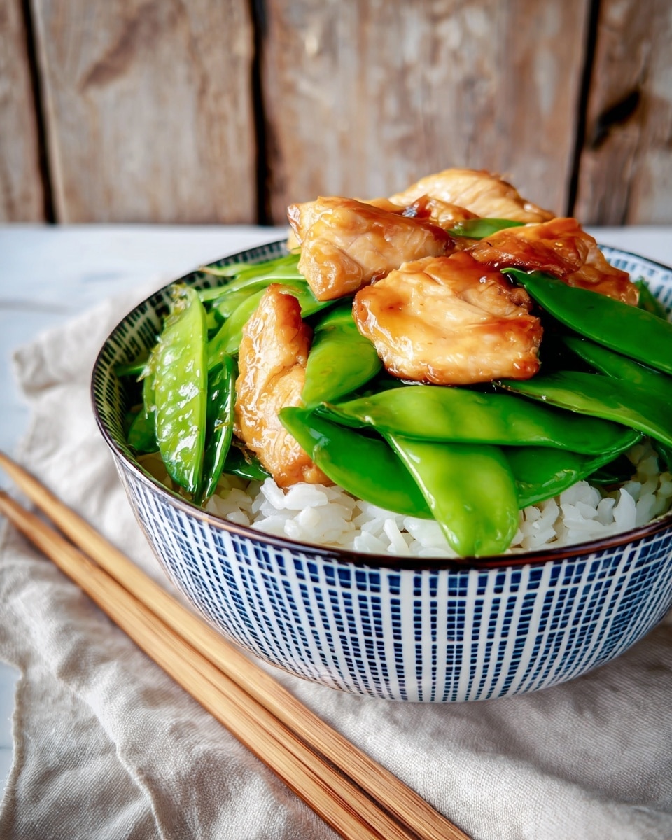 A bowl with a white and blue checkered pattern is filled with three layers: the bottom layer is white sticky rice with round grains, the middle layer is shiny green sugar snap peas arranged in a crisscross pattern, and the top layer is several pieces of light golden brown cooked chicken placed unevenly atop the peas. The bowl is placed on a light beige cloth next to a pair of light wooden chopsticks. The scene uses a white marbled textured surface and a blurred rustic wooden background. photo taken with an iphone --ar 4:5 --v 7