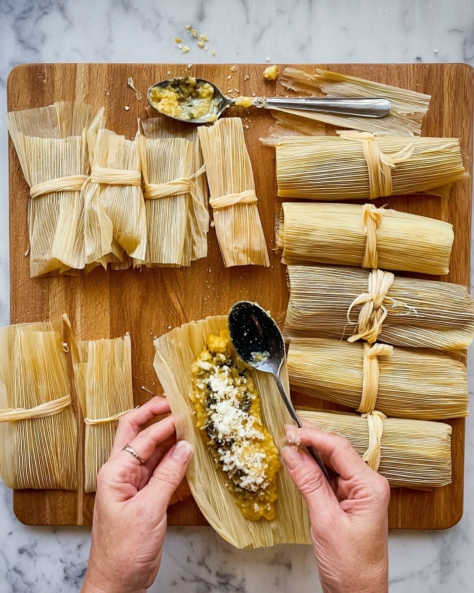 The image shows a wooden board with several tied tamales on the left side in pale yellow dried corn husks, each wrapped neatly with a pale corn husk tie around the middle. On the right side of the board, a woman's hands are seen assembling another tamale, holding open a single corn husk leaf in a vertical position. Inside the leaf, there is a layer of yellow masa dough at the bottom, with a topping of white rice grains and some greenish vegetable or sauce. A black spoon is adding more filling on top, next to a silver metal spoon with some yellow dough residue on it placed on the board. The whole scene is set against a white marbled surface. Photo taken with an iphone --ar 4:5 --v 7
