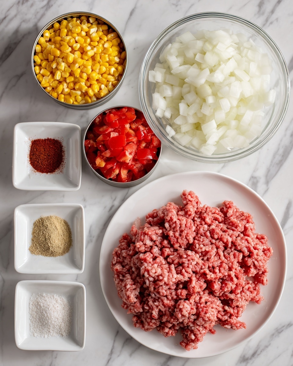 A white round plate at the bottom right holds a large pile of raw ground beef with a slightly coarse texture in a pinkish-red color. To the right and slightly above it is a clear glass bowl filled with chopped white onions showing a fine, small dice. Above the onions, a half-open can filled with diced red tomatoes shows visible chunks in a deep red hue. At the top center, a half-open can holds bright yellow corn kernels. On the left side, six small white square dishes are arranged in two diagonal lines: from top to bottom in the left line are chili powder with a dark reddish-brown powder, cumin with a light brown powder, and garlic that appears minced and pale yellow; to the right in the other line are salt with white granules, pepper with fine black specks, and empty space above. All items sit on a white marbled tiled surface. photo taken with an iphone --ar 4:5 --v 7