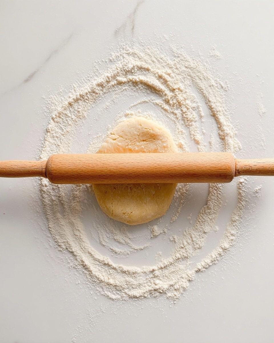 A wooden rolling pin lies horizontally across the middle of the image on top of a small, oval-shaped dough piece. The dough is light beige with a soft texture and is surrounded by a loose ring of white flour scattered on a white marbled surface. The flour creates a subtle, uneven border around the dough, adding a powdery detail to the scene. photo taken with an iphone --ar 4:5 --v 7