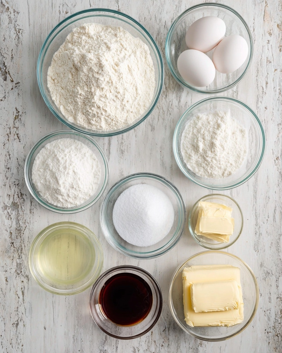 A set of nine clear glass bowls arranged neatly on a white marbled texture surface, each holding different baking ingredients. Starting from the top, one large bowl is filled with white flour with a soft, powdery texture. Below it, two medium bowls: one containing two white eggs, smooth and shiny, and one filled with white powdered sugar that looks fluffy. To the left and right of the eggs are two small bowls; the left with white baking soda and the right with white baking powder, both textured like fine powders. Lower down are two medium bowls: the left one filled with white granulated sugar, smooth and crystalline, and the right one holding creamy, light yellow butter with a soft texture. At the very bottom left, a medium bowl holds a clear pale yellow liquid, likely oil, smooth and glossy. In the middle at the bottom, a tiny bowl contains a dark brown vanilla extract, smooth and shiny. The bowls are all orderly placed with their contents clearly visible and lit softly. Photo taken with an iphone --ar 4:5 --v 7