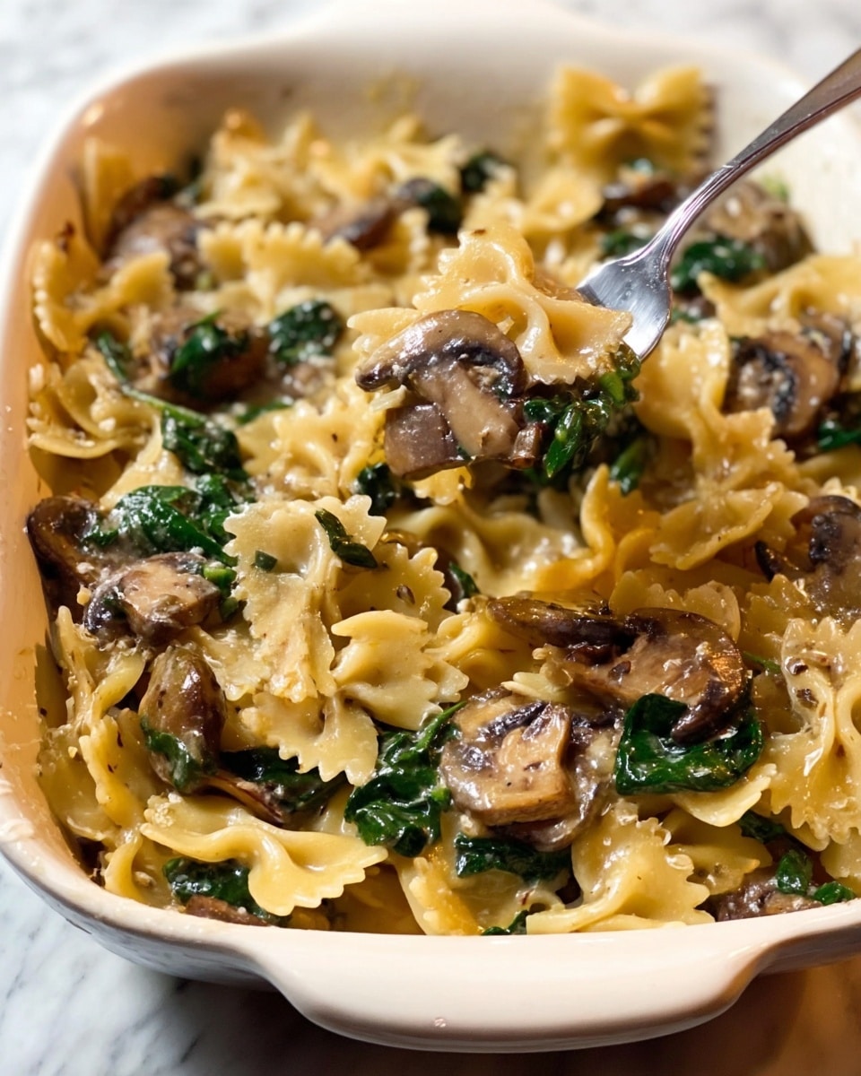 The image shows a white rectangular baking dish filled with creamy pasta. The pasta is bow-tie shaped and cooked to a soft yellow color. Mixed throughout the pasta are slices of cooked mushrooms with a brown, slightly shiny texture and wilted dark green spinach leaves. The creamy sauce coats every layer, giving a slightly glossy, smooth texture. In the center, a fork lifts a serving with pasta, a couple of mushroom slices, and spinach, highlighting the mix of colors and textures. The dish sits on a white marbled surface. photo taken with an iphone --ar 4:5 --v 7