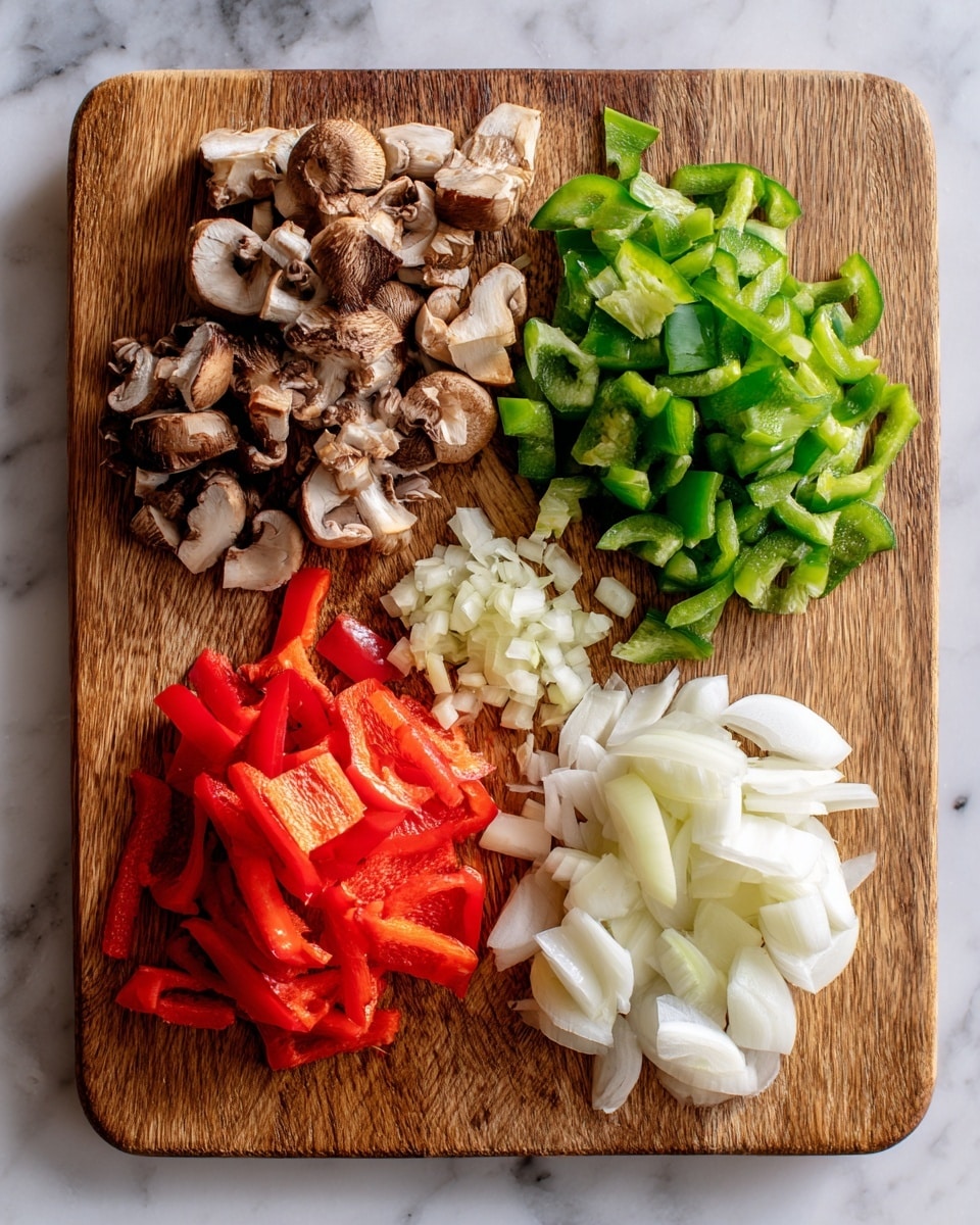 A wooden cutting board is placed on a white marbled surface, with four types of chopped vegetables arranged neatly on it. On the top left, small pieces of brown and white portobello mushrooms are scattered. Below them, thin slices of bright red pepper are stacked in a small pile. In the center, there is a tiny group of finely chopped white garlic pieces. To the right, green pepper strips are grouped together at the top, and white onion slices are arranged in a small pile at the bottom. Each vegetable is clearly separated, showing their different colors and textures. photo taken with an iphone --ar 4:5 --v 7