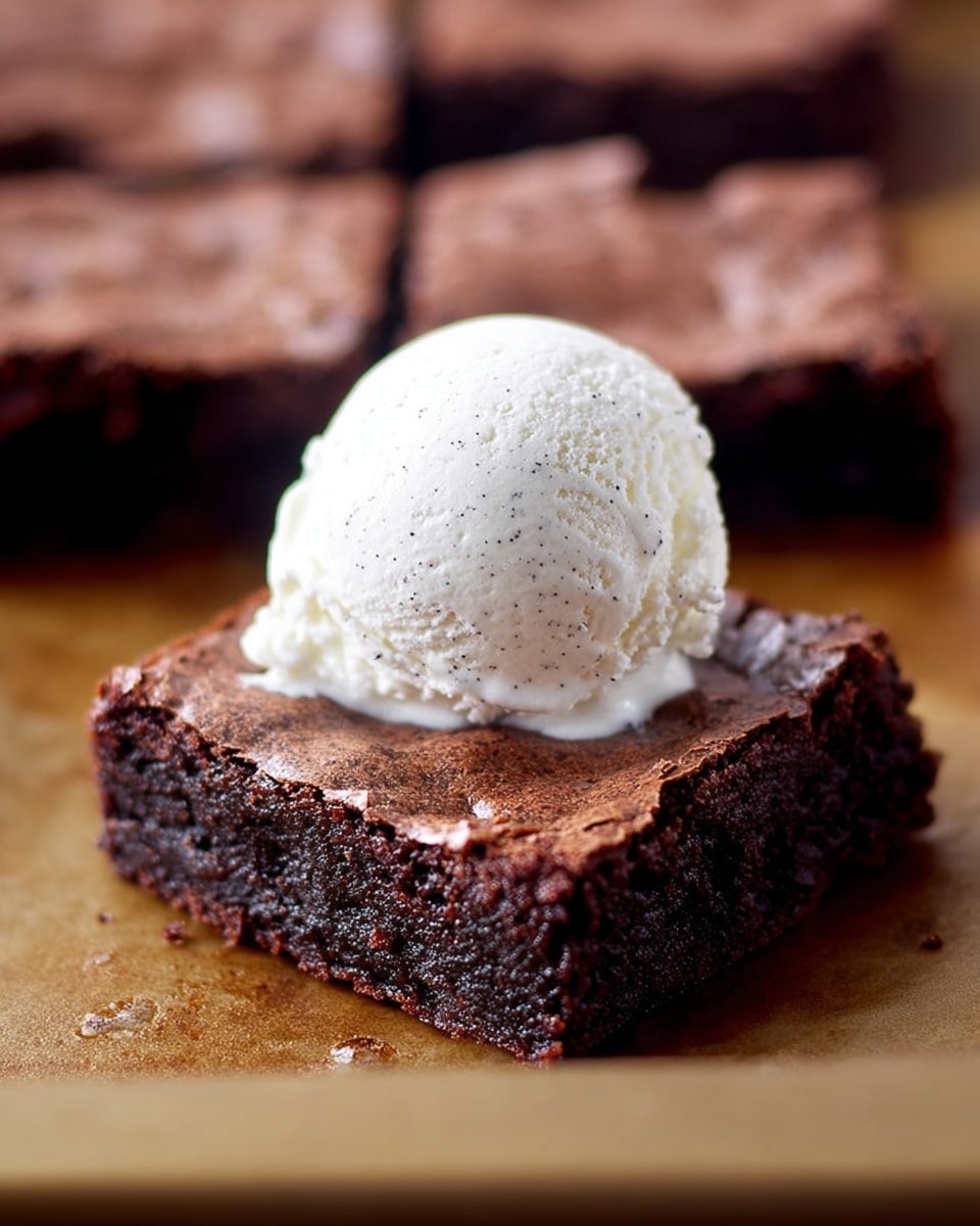 A close-up view of a single square piece of dark chocolate brownie with a slightly shiny, cracked top layer, sitting on a light brown textured surface. On top of the brownie, there is a smooth, round scoop of white vanilla ice cream, showing tiny black specks spread throughout, giving it a creamy texture. In the blurred background, more square brownie pieces are visible, arranged in a grid. The composition focuses on the contrast between the rich dark brown brownie and the bright white ice cream. photo taken with an iphone --ar 4:5 --v 7