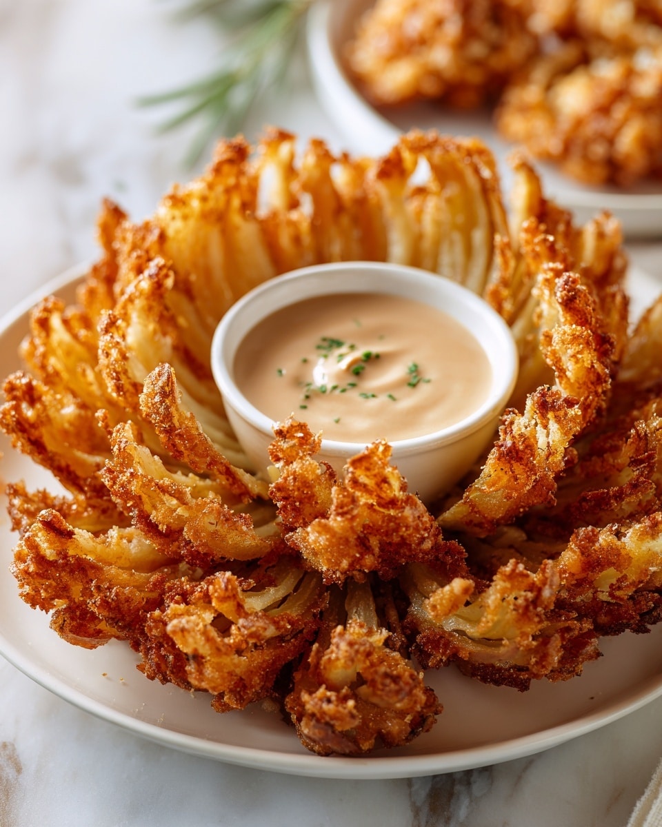 A round white plate holds a blooming onion with many thick petals of golden-brown crispy fried coating, arranged in a circle that opens outward like a flower. In the middle of the onion petals, there is a small white bowl filled with creamy light brown dipping sauce. The dish sits on a white marbled surface, with a soft focus on some blurred food in the background, showing warm tones that make the fried onion look very inviting. photo taken with an iphone --ar 4:5 --v 7