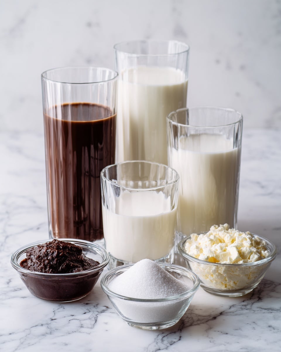The image shows six clear glass containers arranged on a white marbled surface. There are two tall glasses at the back, one filled with dark brown liquid and the other with white milk. In front of the tall glasses and slightly to the sides are four small glass bowls: one with a thick dark brown sauce, one with a white powder, one with granulated white sugar, and the last with white cream or butter. The container shapes and the contents’ colors and textures are clearly visible. Photo taken with an iphone --ar 4:5 --v 7