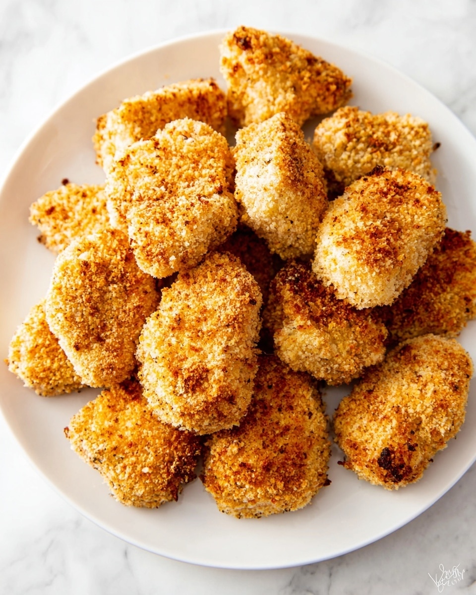 A white plate filled with about fifteen golden brown, crispy, breaded nugget-shaped pieces piled on top of each other. Each piece has a rough textured coating that looks crunchy with light toasted spots. The nuggets vary in size and shape but mostly have rounded edges and a slightly uneven surface. The plate sits on a white marbled surface that adds a subtle pattern behind it. The focus is on the nuggets in the center, showing their detailed crumb layer clearly. photo taken with an iphone --ar 4:5 --v 7