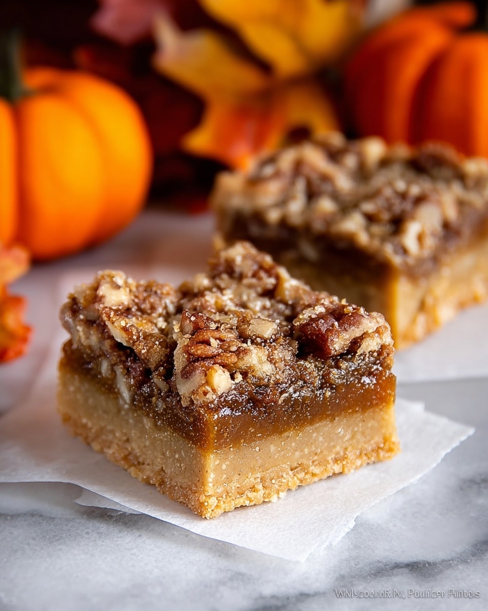 The image shows two square dessert bars placed on a piece of white parchment paper on a white marbled surface. Each bar has two clear layers: a thick, light tan base with a smooth texture at the bottom, and a top layer rich with a darker, crumbly mixture that looks like it contains nuts and small bits of caramel, giving it a rough texture in brown shades. In the blurry background, there are small orange pumpkins and some autumn leaves adding warm tones to the scene. Photo taken with an iphone --ar 4:5 --v 7