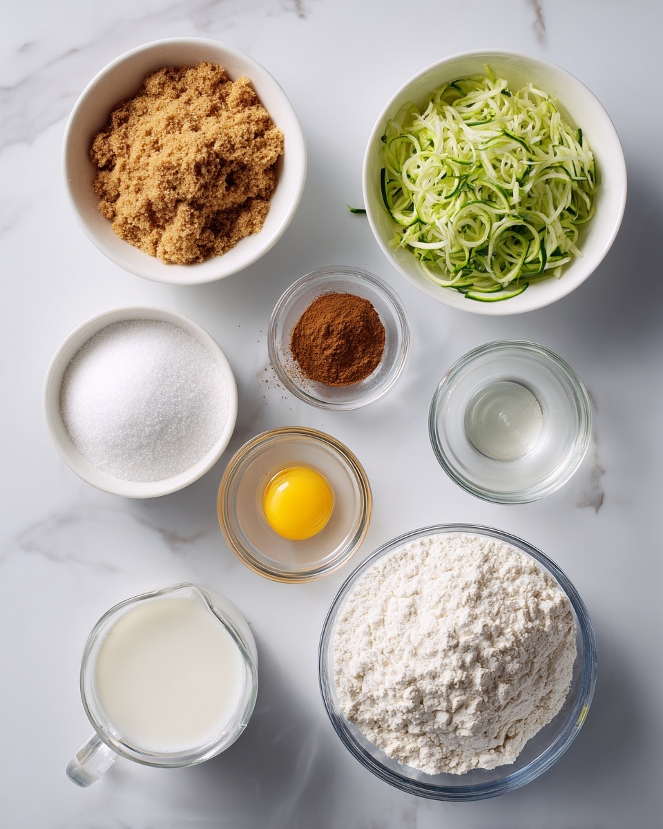 The image shows a white marbled surface with seven white bowls and glass measuring cups arranged neatly. One white bowl contains light brown crumbly brown sugar, another holds thin green shredded zucchini, a small white bowl has white sugar, and another small white bowl contains brown cinnamon powder. A clear glass measuring cup has a little clear oil, another has white milk, and a small white bowl holds a single raw yellow egg yolk with the egg white around it. Finally, a big clear glass bowl is filled with white flour. Each ingredient is labeled in bold black text above or beside it photo taken with an iphone --ar 4:5 --v 7